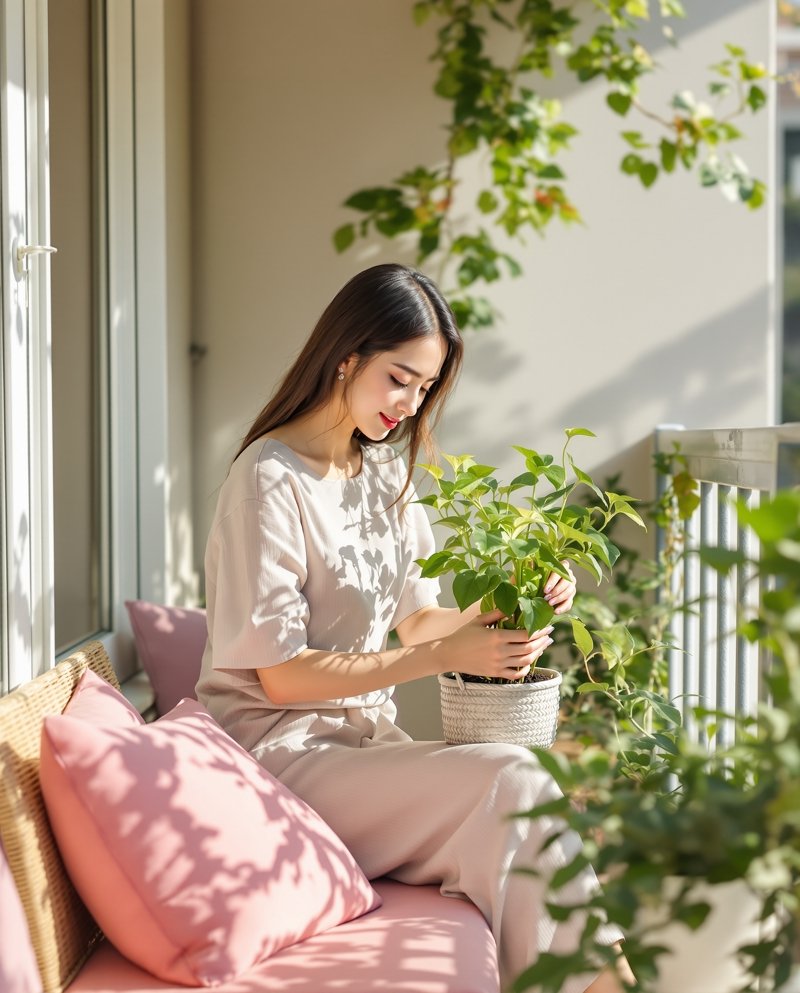 阳台植物的绿意午后 - 美女图片秀慵懒居家写真图集